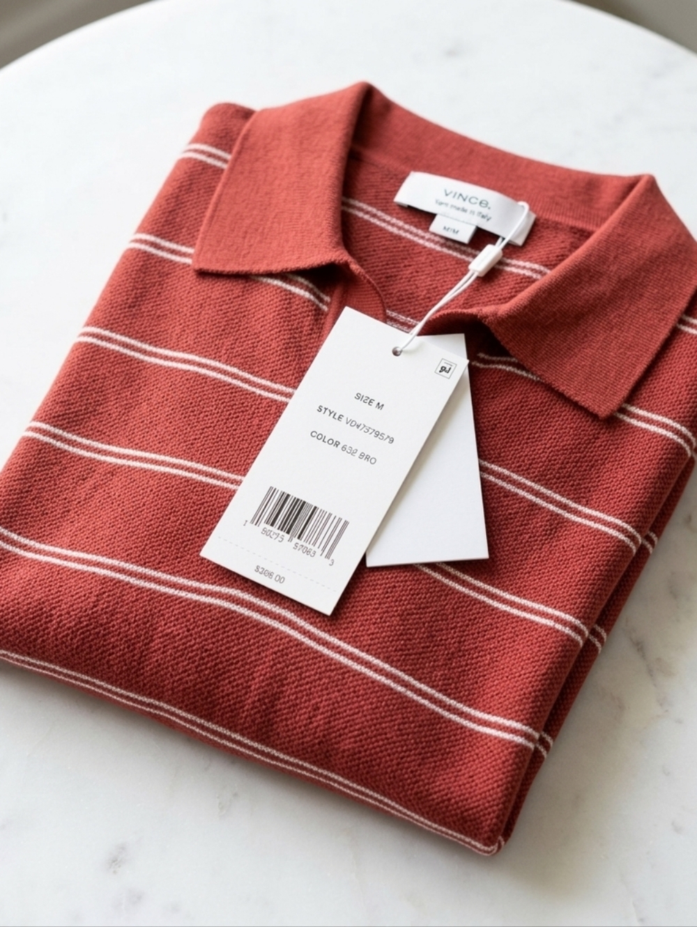 VINCE Striped Italian Cotton Piqué Polo Sweater Brick Rose Medium NWT $268 - Picture 4 of 8